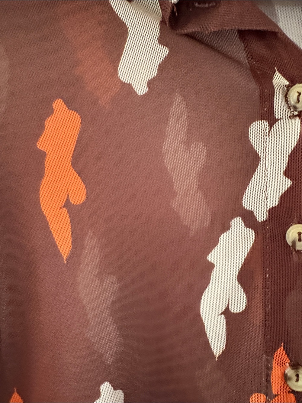 iNAMORATA- Size M Brown Sheer Cropped Button-Down with Orange & Cream Print - Picture 3 of 6